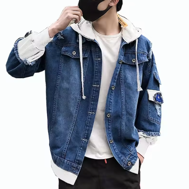 OEM/ODM Hooded Denim Jacket Mens Hip Hop Jeans Coat Retro Jean Jacket Street Casual Bomber Jacket Outerwear Hoodies